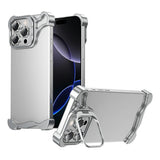 iPhone 16 Pro Two-Piece Metal Bumper Case with Stand & Lens Protector - Silver