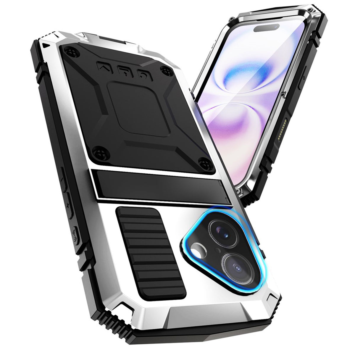 iPhone 17 R-JUST Hybrid Rugged Case with Built-In Screen Protector & Kickstand - Silver
