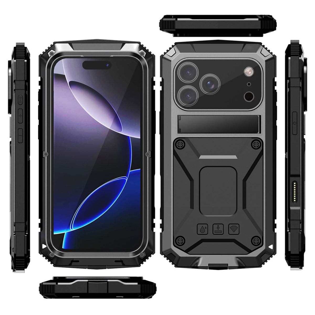 iPhone 18 Pro / 17 Pro R-JUST Hybrid Rugged Case with Built-In Screen Protector & Kickstand - Black