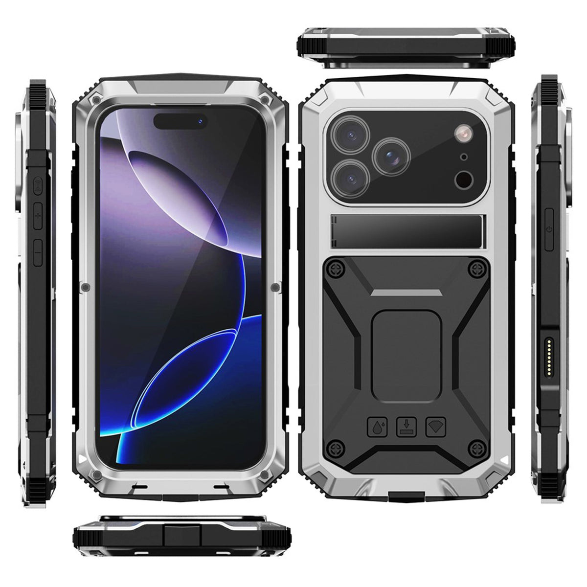 iPhone 18 Pro / 17 Pro R-JUST Hybrid Rugged Case with Built-In Screen Protector & Kickstand - Silver