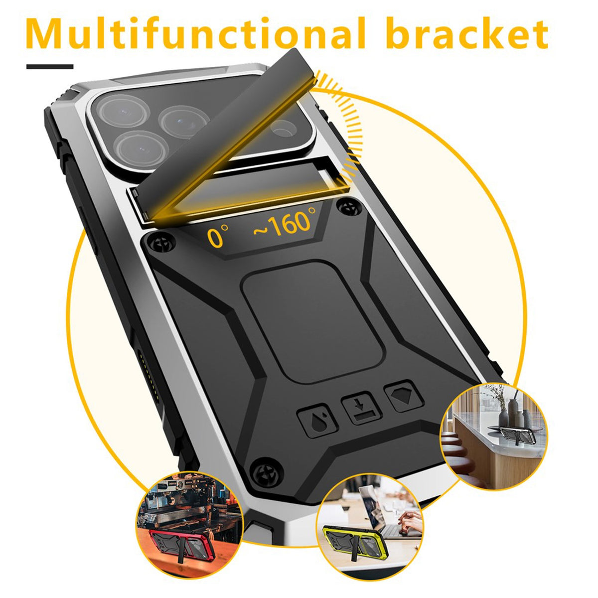 iPhone 18 Pro / 17 Pro R-JUST Hybrid Rugged Case with Built-In Screen Protector & Kickstand - Silver