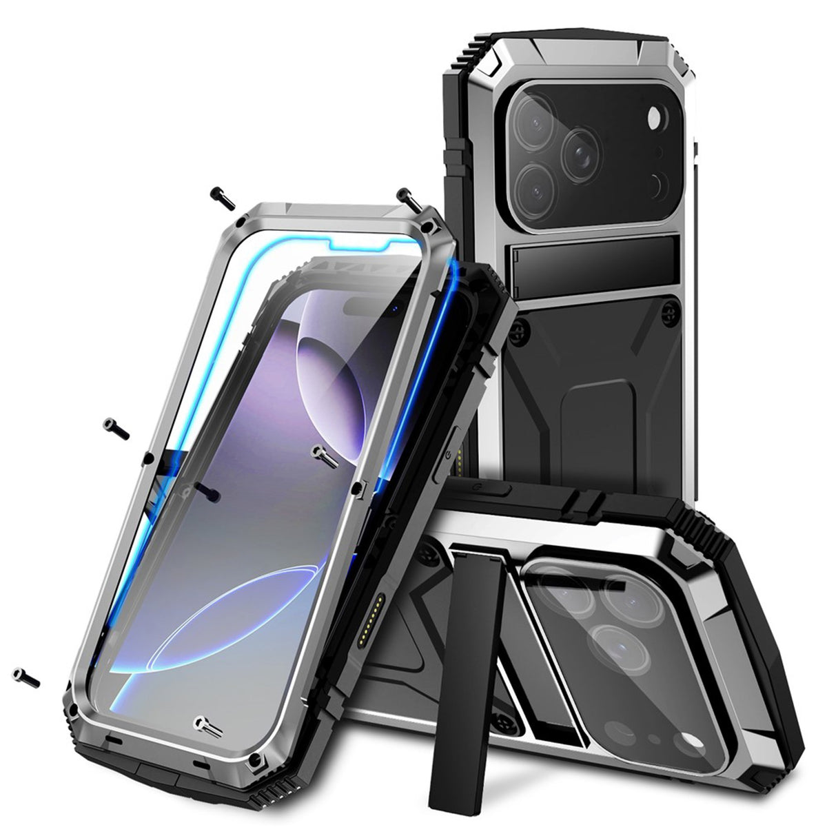 iPhone 18 Pro Max / 17 Pro Max R-JUST Hybrid Rugged Case with Built-In Screen Protector & Kickstand - Silver
