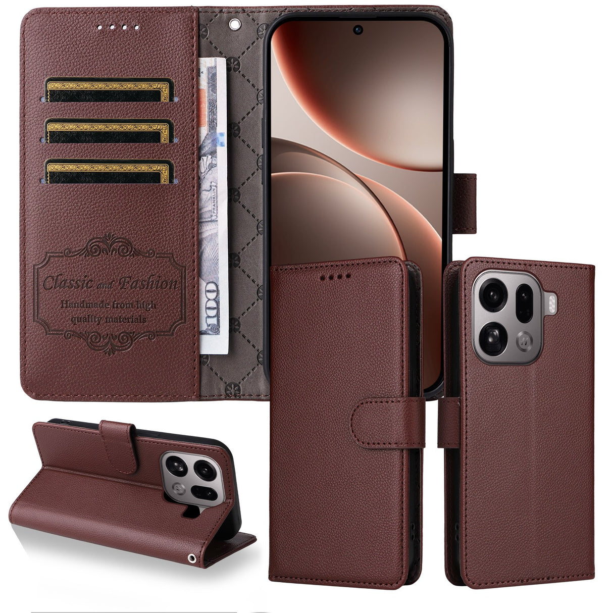 EIDERWOOD Oppo Find X9 Pro Faux Leather Flip Case with Strap - Brown