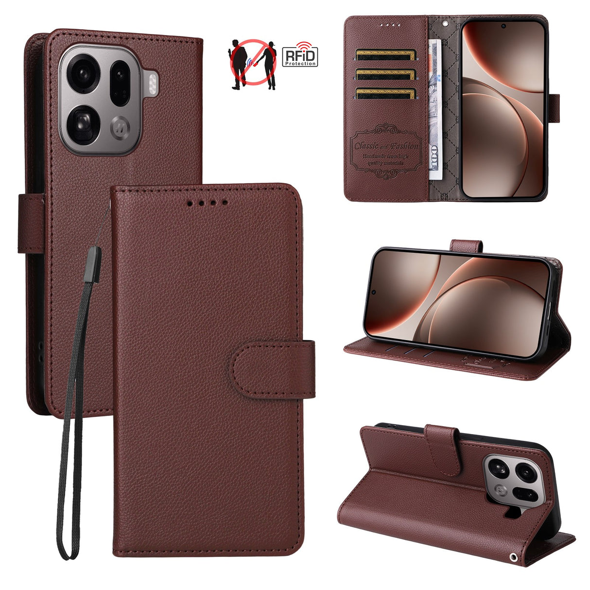 EIDERWOOD Oppo Find X9 Pro Faux Leather Flip Case with Strap - Brown