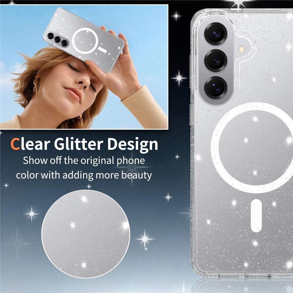 Samsung Galaxy S26+ (Plus) EIDERWOOD Magnetic Plastic Glitter Case with Screen Protector Glass – MagSafe Compatible – Transparent