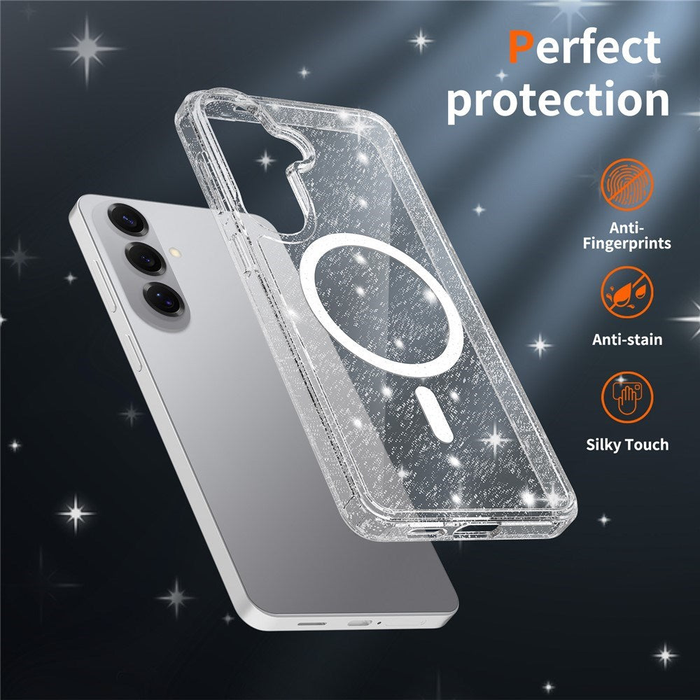 Samsung Galaxy S26+ (Plus) EIDERWOOD Magnetic Plastic Glitter Case with Screen Protector Glass – MagSafe Compatible – Transparent