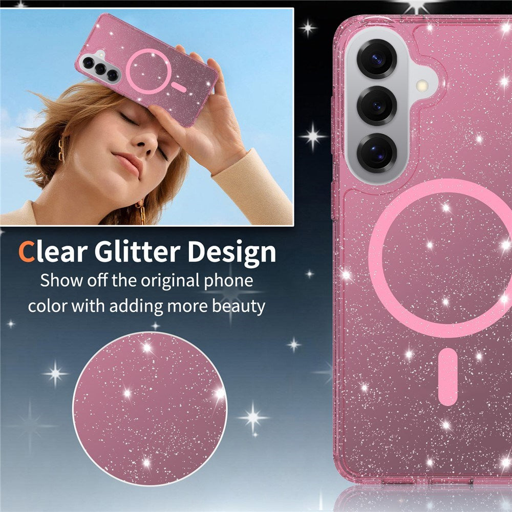 Samsung Galaxy S26+ (Plus) EIDERWOOD Magnetic Plastic Glitter Case with Screen Protector Glass – MagSafe Compatible – Transparent / Pink