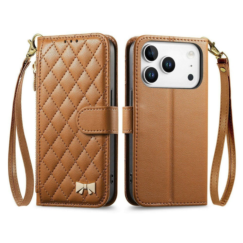 iPhone 18 Pro / 17 Pro EIDERWOOD Faux Leather Flip Case with Texture & Strap - Brown