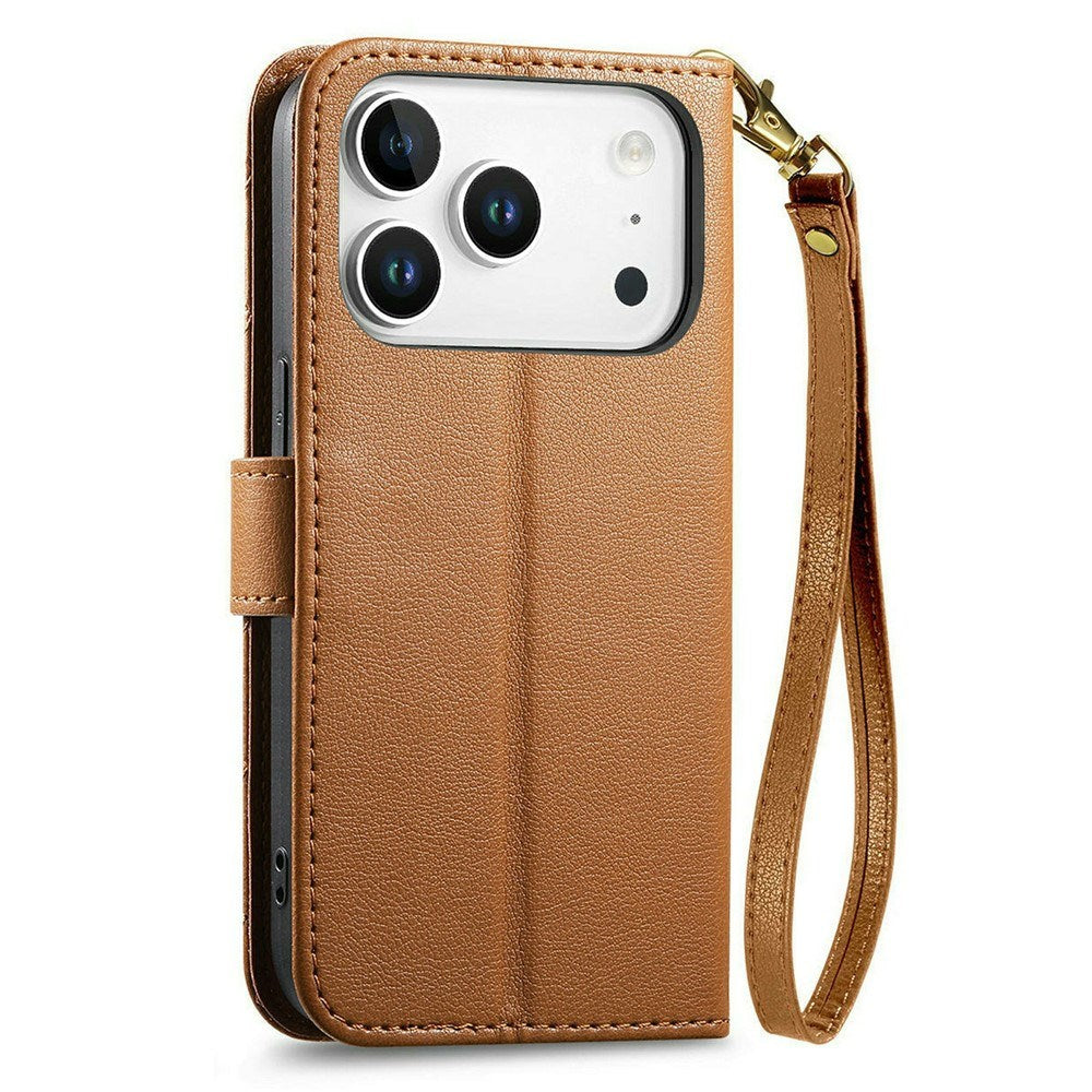 iPhone 18 Pro / 17 Pro EIDERWOOD Faux Leather Flip Case with Texture & Strap - Brown