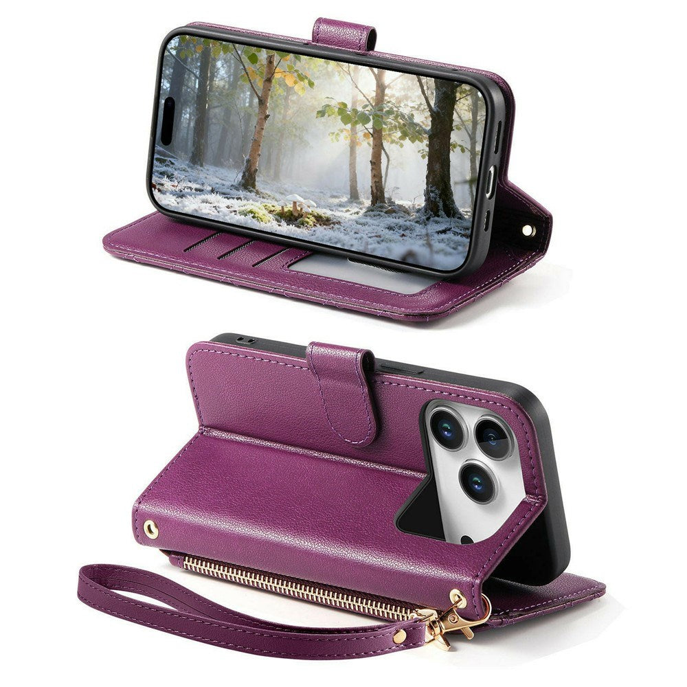 iPhone 18 Pro / 17 Pro EIDERWOOD Faux Leather Flip Case with Texture & Strap - Purple