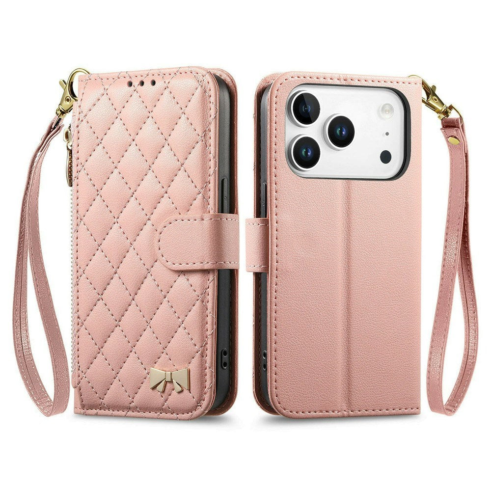 iPhone 18 Pro / 17 Pro EIDERWOOD Faux Leather Flip Case with Texture & Strap - Pink