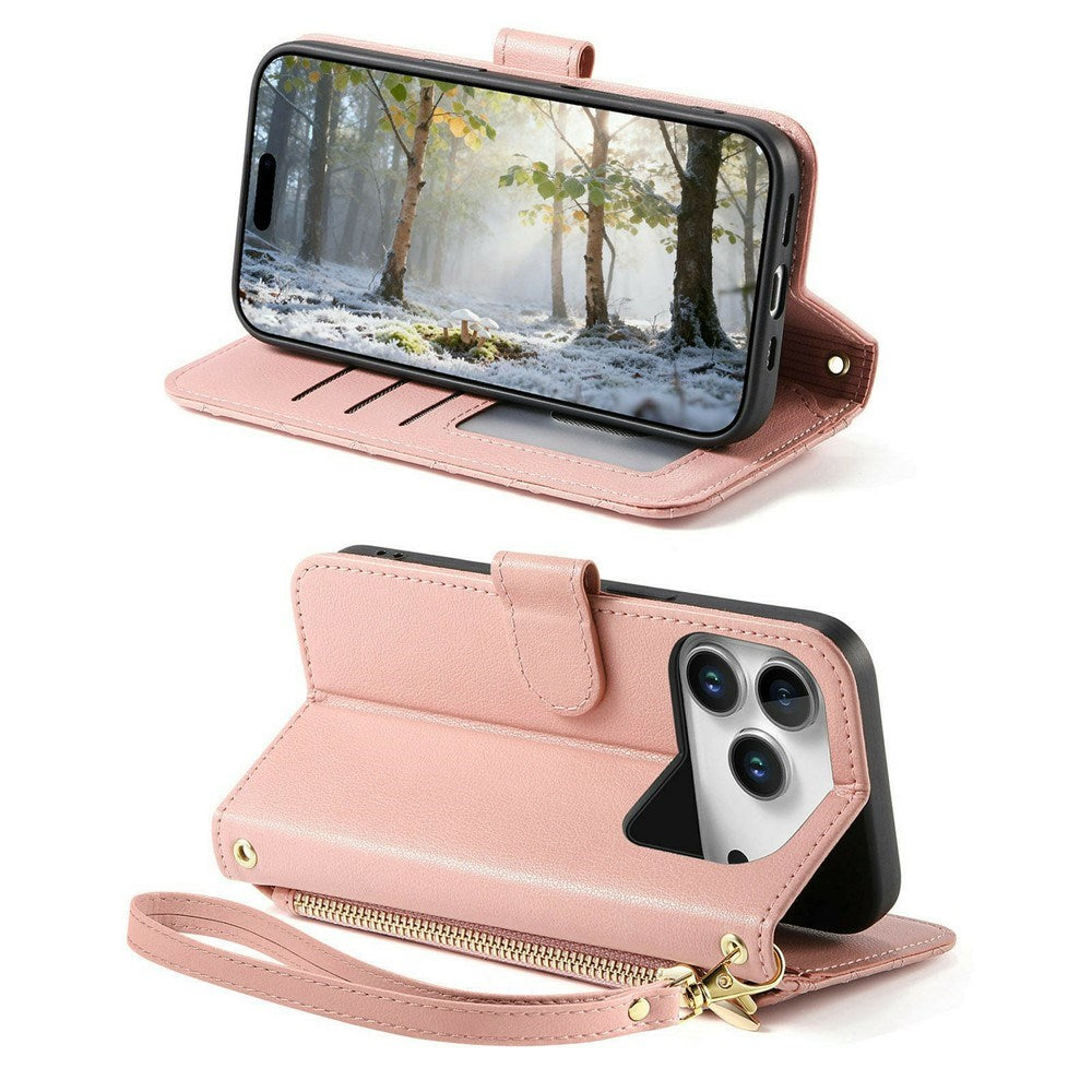 iPhone 18 Pro / 17 Pro EIDERWOOD Faux Leather Flip Case with Texture & Strap - Pink