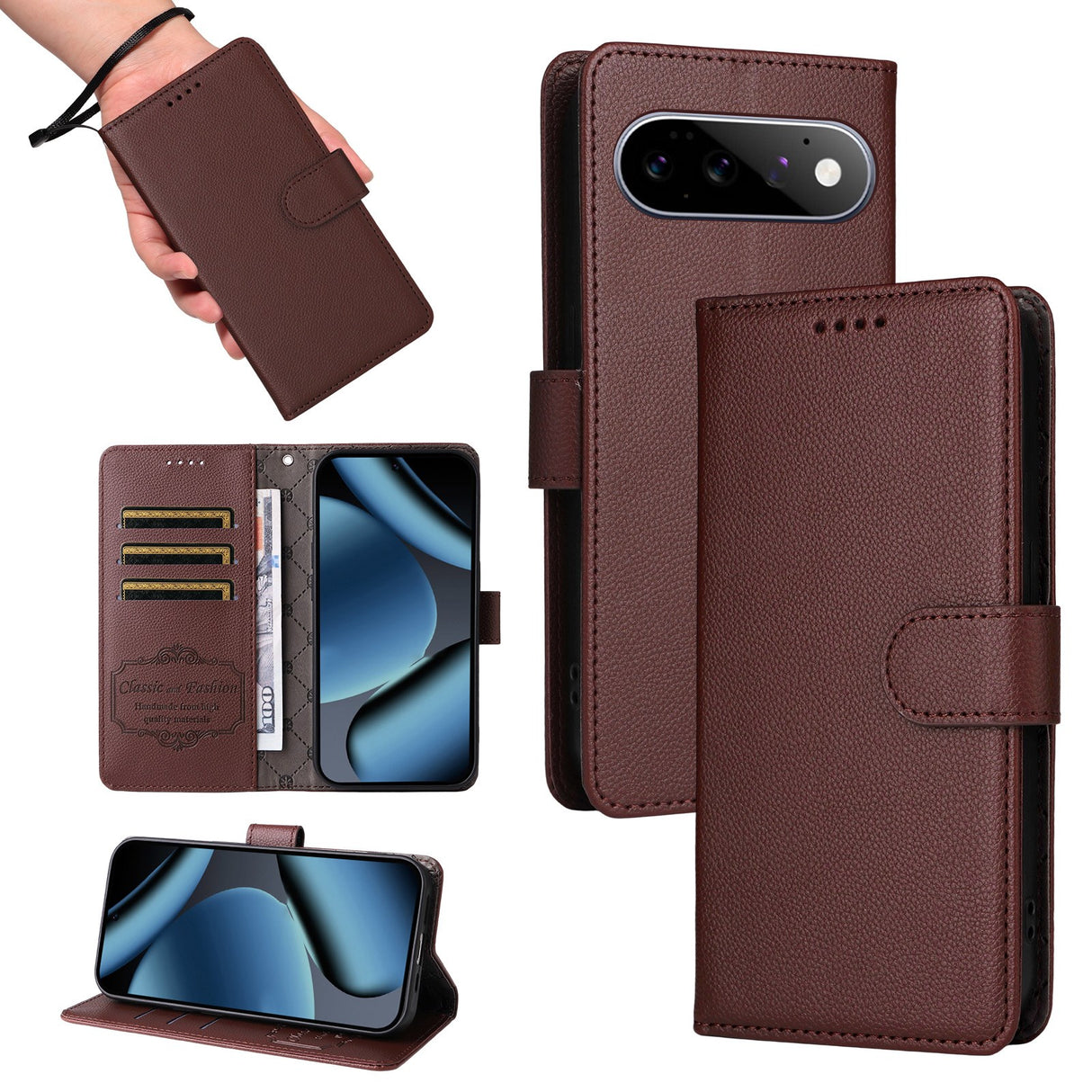 EIDERWOOD Google Pixel 11 / 11 Pro Flip Case - Card Holder & Wrist Strap - Brown