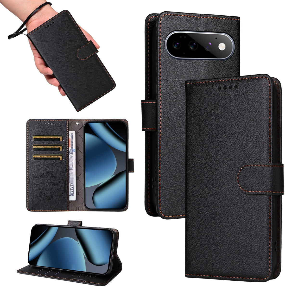 EIDERWOOD Google Pixel 11 / 11 Pro Flip Case - Card Holder & Wrist Strap - Black