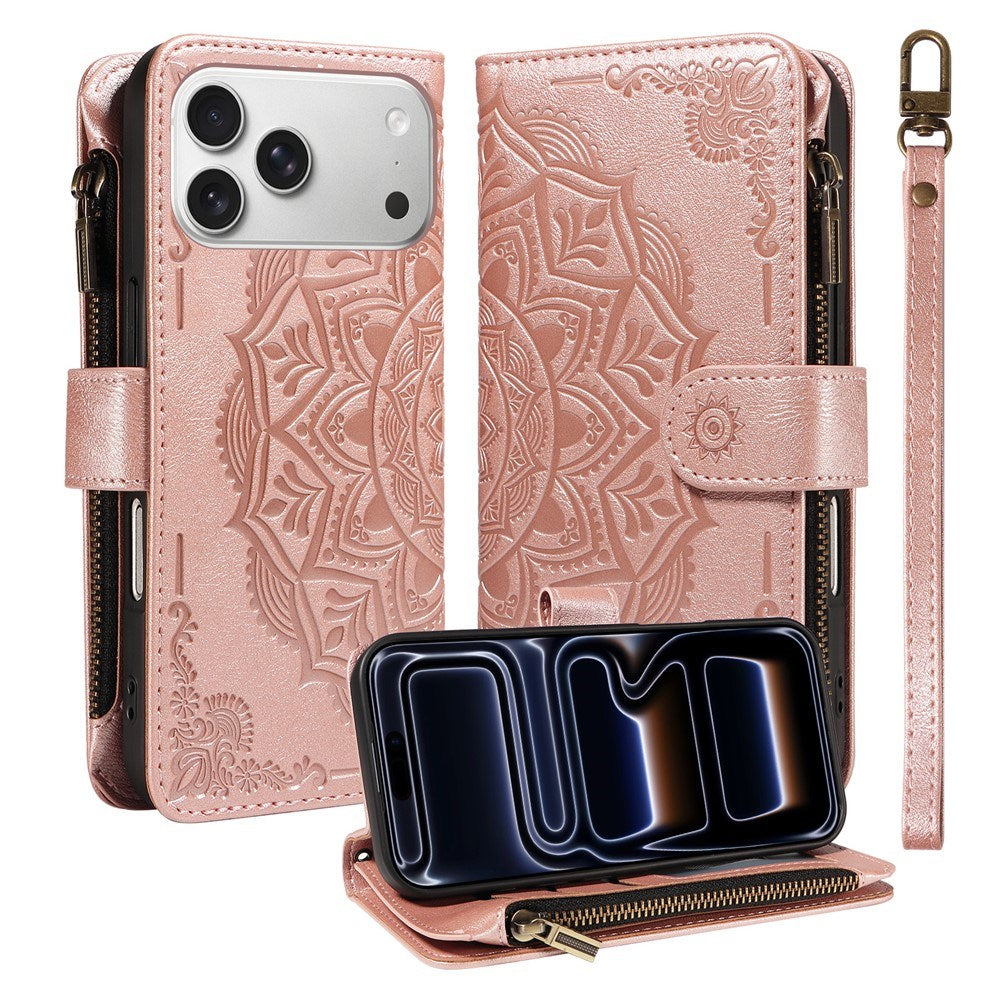 iPhone 17 Pro EIDERWOOD Flip Case with 9 x Card Holder - Zipper Pocket - RFDI Blocking - Strap - Rose Gold