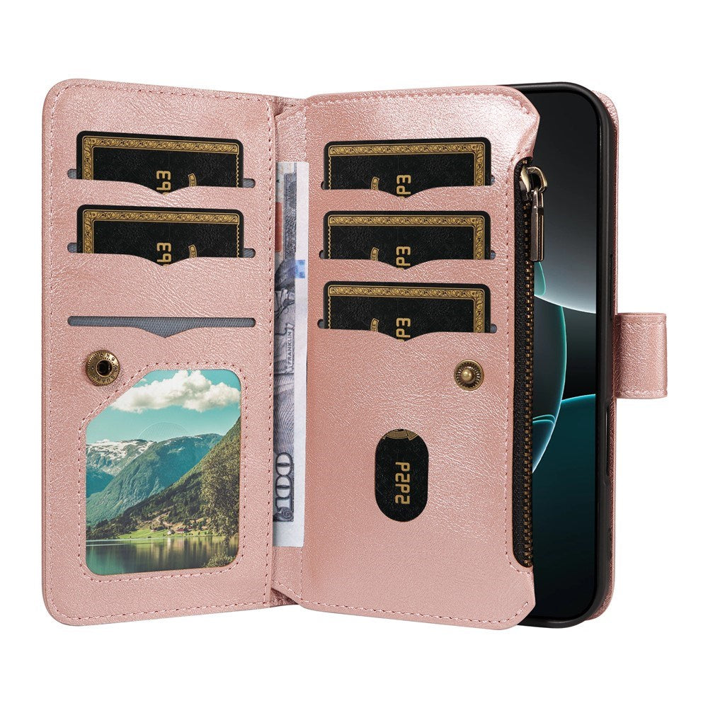iPhone 17 Pro EIDERWOOD Flip Case with 9 x Card Holder - Zipper Pocket - RFDI Blocking - Strap - Rose Gold