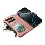 iPhone 17 Pro EIDERWOOD Flip Case with 9 x Card Holder - Zipper Pocket - RFDI Blocking - Strap - Rose Gold
