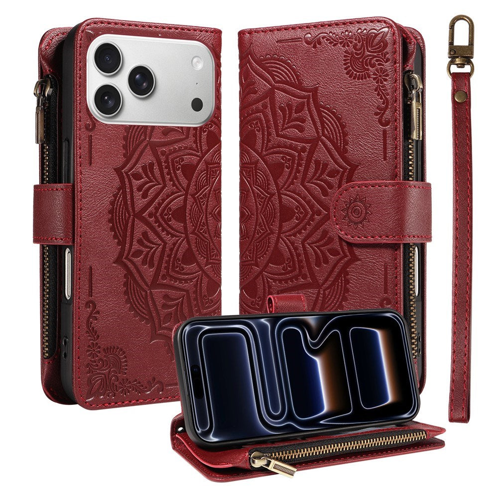 iPhone 17 Pro EIDERWOOD Flip Case with 9 x Card Holder - Zipper Pocket - RFDI Blocking - Strap - Red
