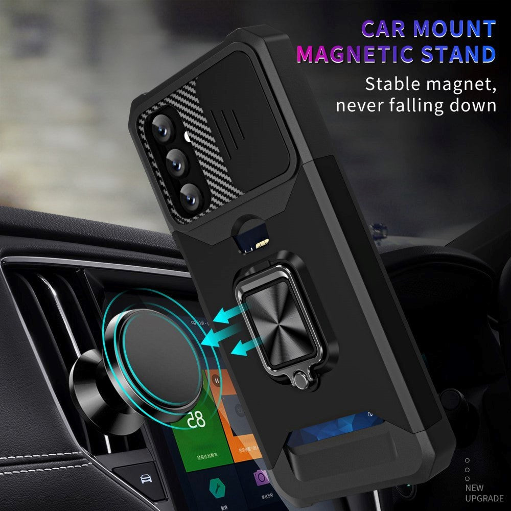 Samsung Galaxy A14 (5G) Tough Case w. Magnetic Kickstand, Card Holder & Cam Slider - Black / Purple