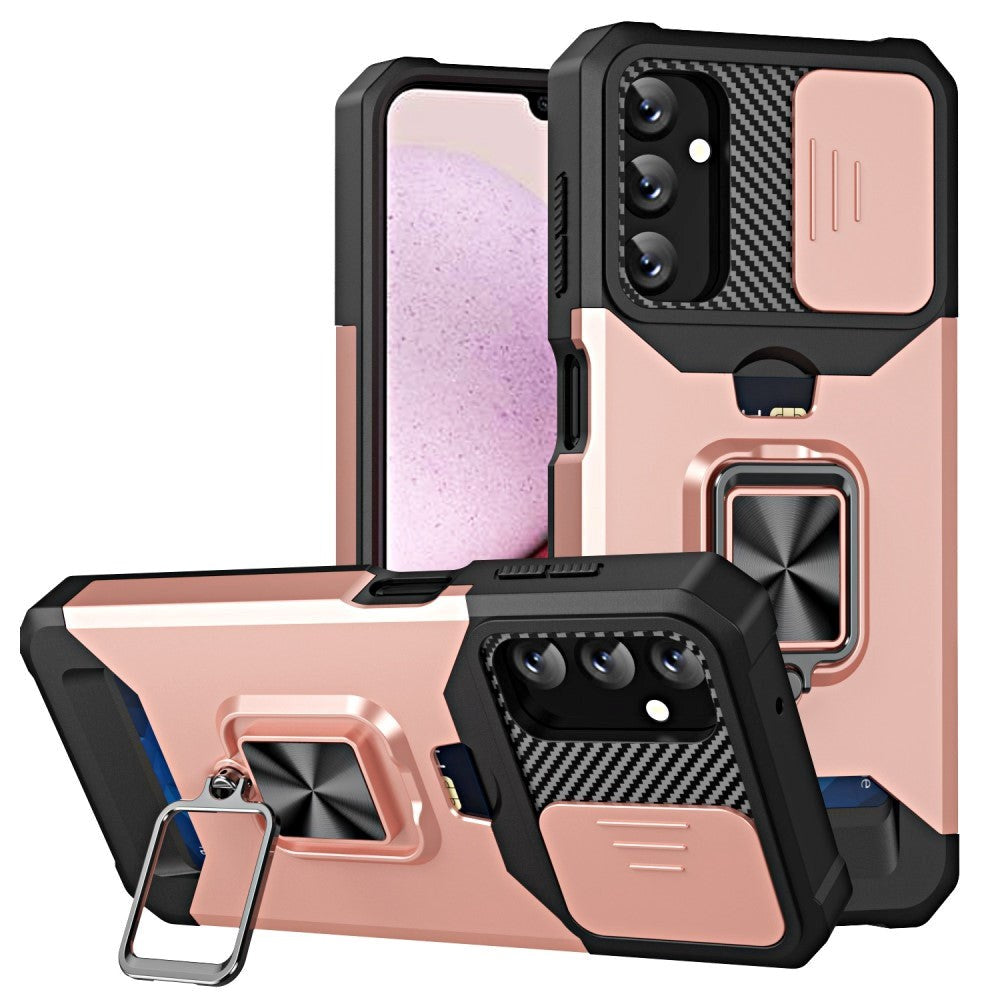 Samsung Galaxy A14 (5G) Tough Case w. Magnetic Kickstand, Card Holder & Cam Slider - Black / Rose Gold