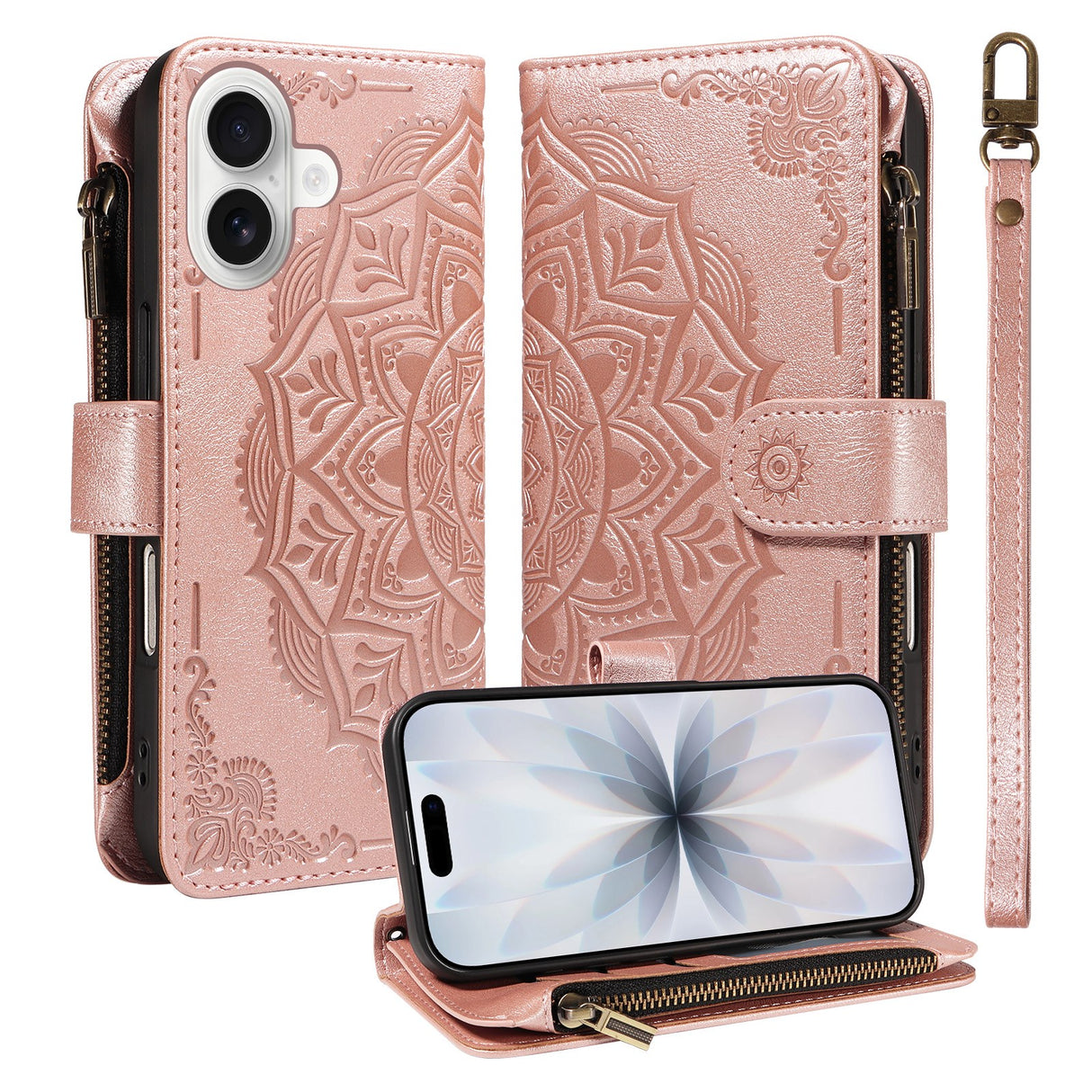 iPhone 17 EIDERWOOD Flip Case with 9 x Card Holder - Zipper Pocket - RFDI Blocking - Strap - Rose Gold