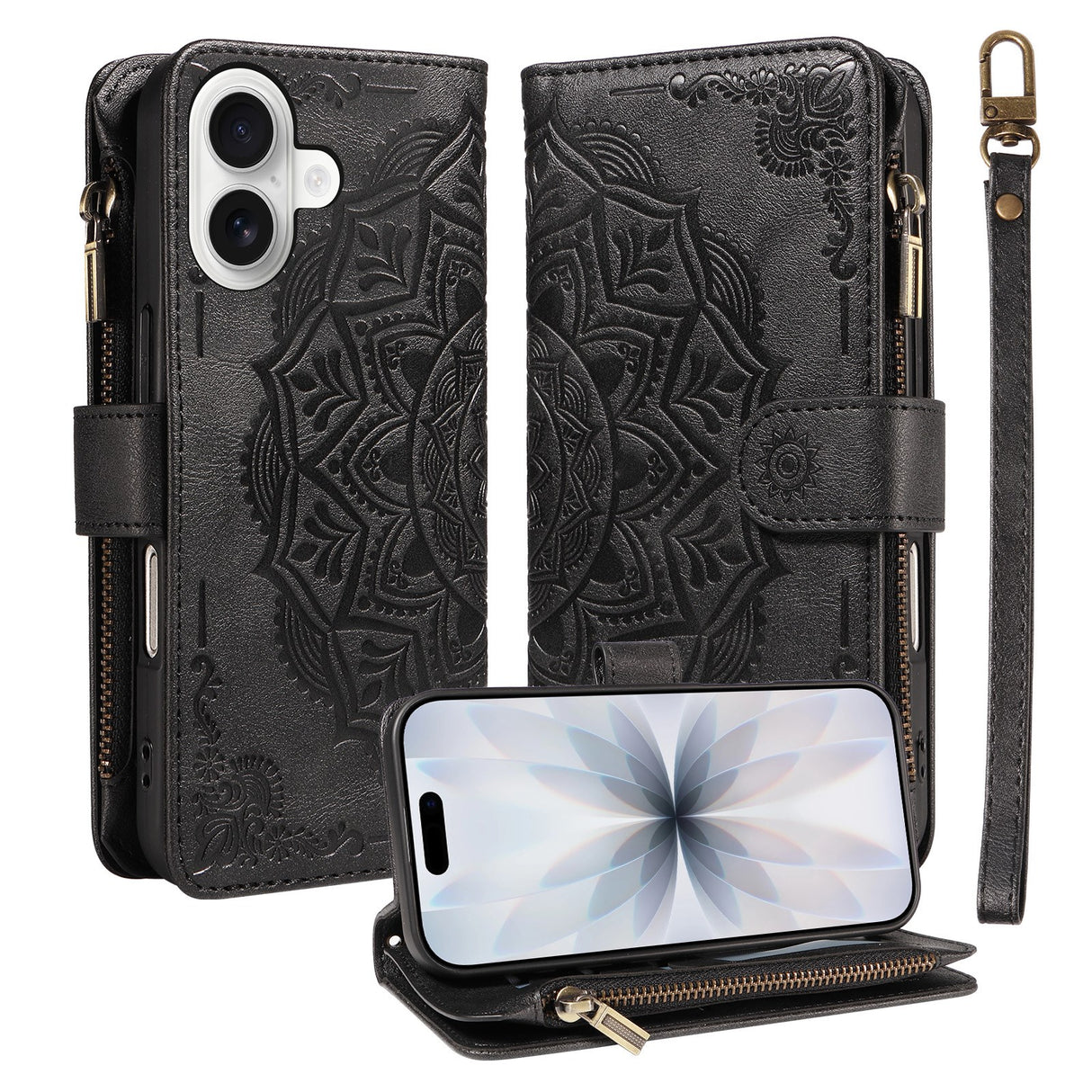 iPhone 17 EIDERWOOD Flip Case with 9 x Card Holder - Zipper Pocket - RFDI Blocking - Strap - Black