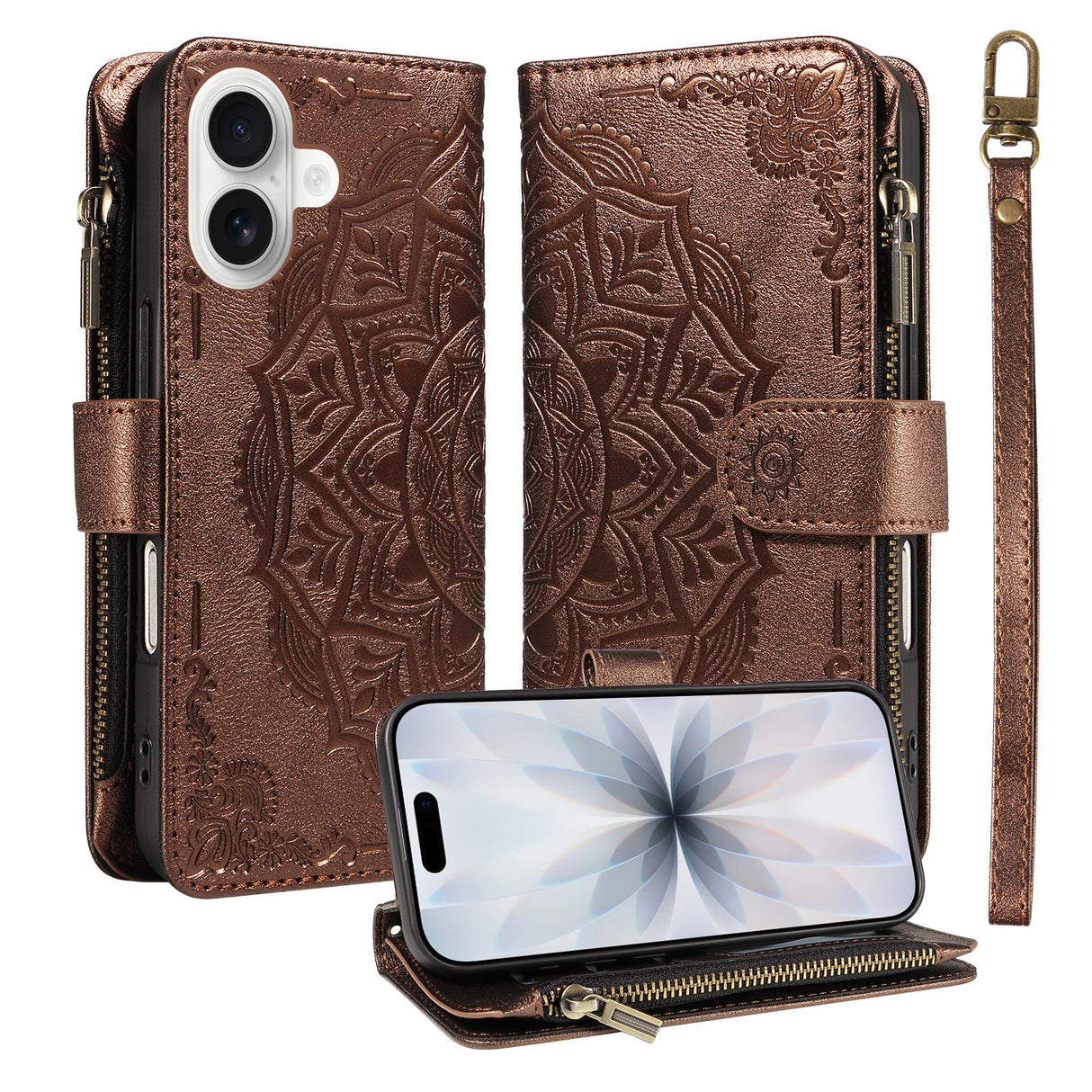 iPhone 17 EIDERWOOD Flip Case with 9 x Card Holder - Zipper Pocket - RFDI Blocking - Strap - Brown
