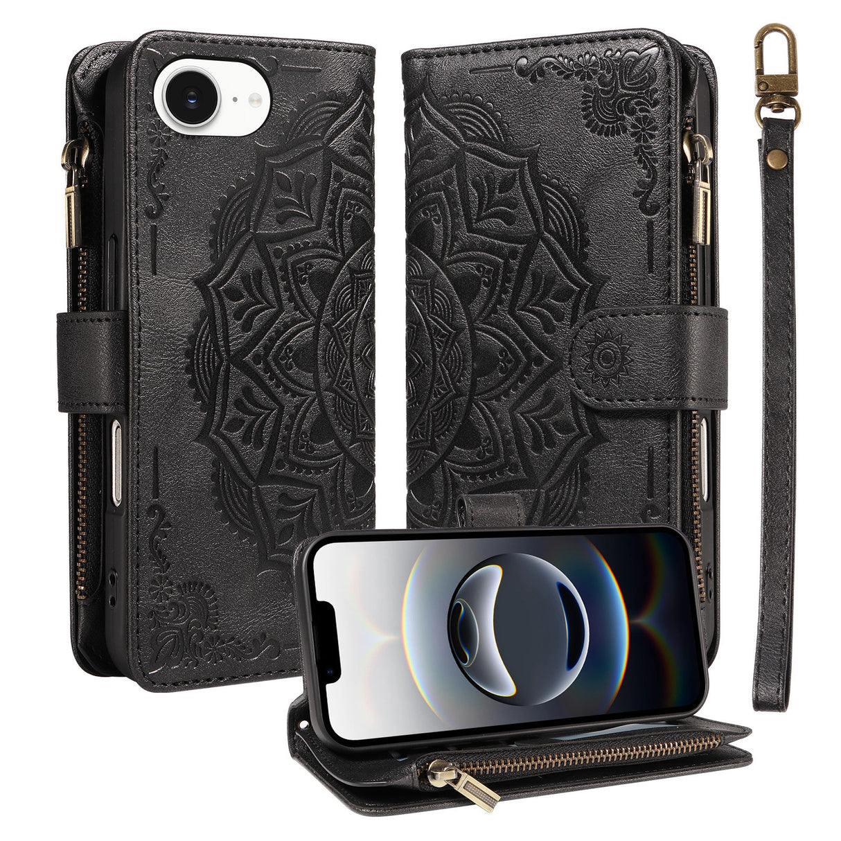iPhone 17e / 16e EIDERWOOD Flip Case with 9 x Card Holder - Zipper Pocket - RFDI Blocking - Strap - Black