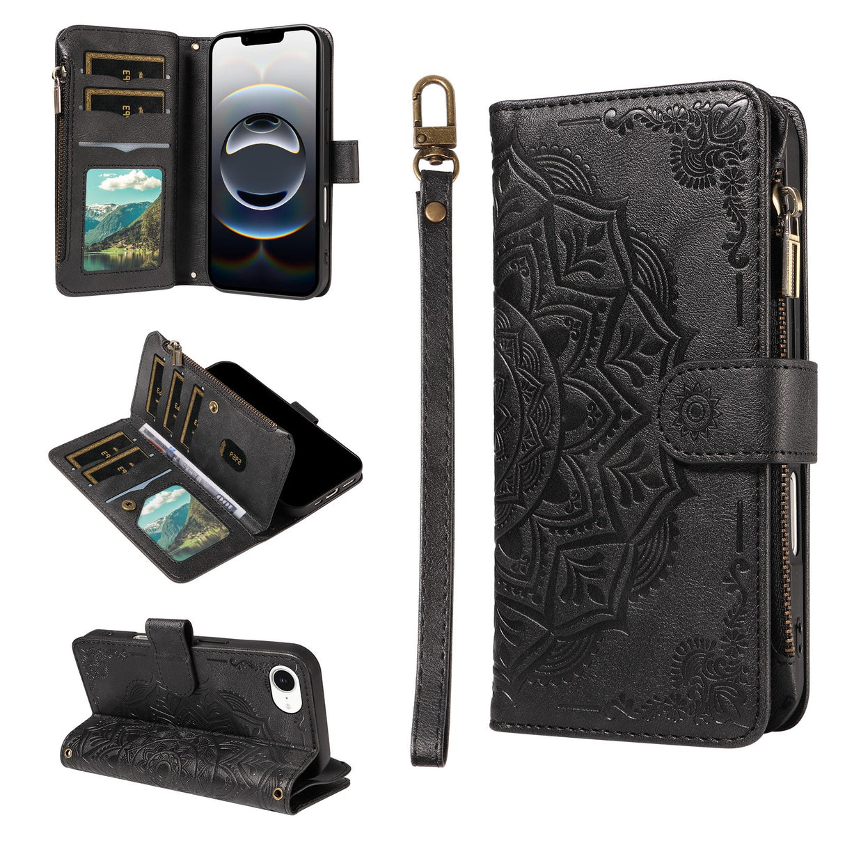 iPhone 17e / 16e EIDERWOOD Flip Case with 9 x Card Holder - Zipper Pocket - RFDI Blocking - Strap - Black