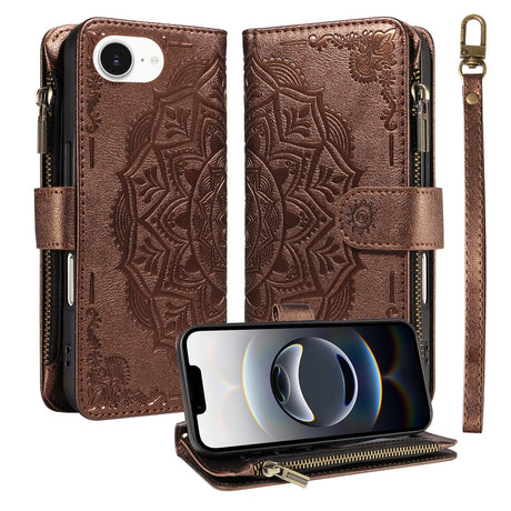 iPhone 17e / 16e EIDERWOOD Flip Case with 9 x Card Holder - Zipper Pocket - RFDI Blocking - Strap - Brown