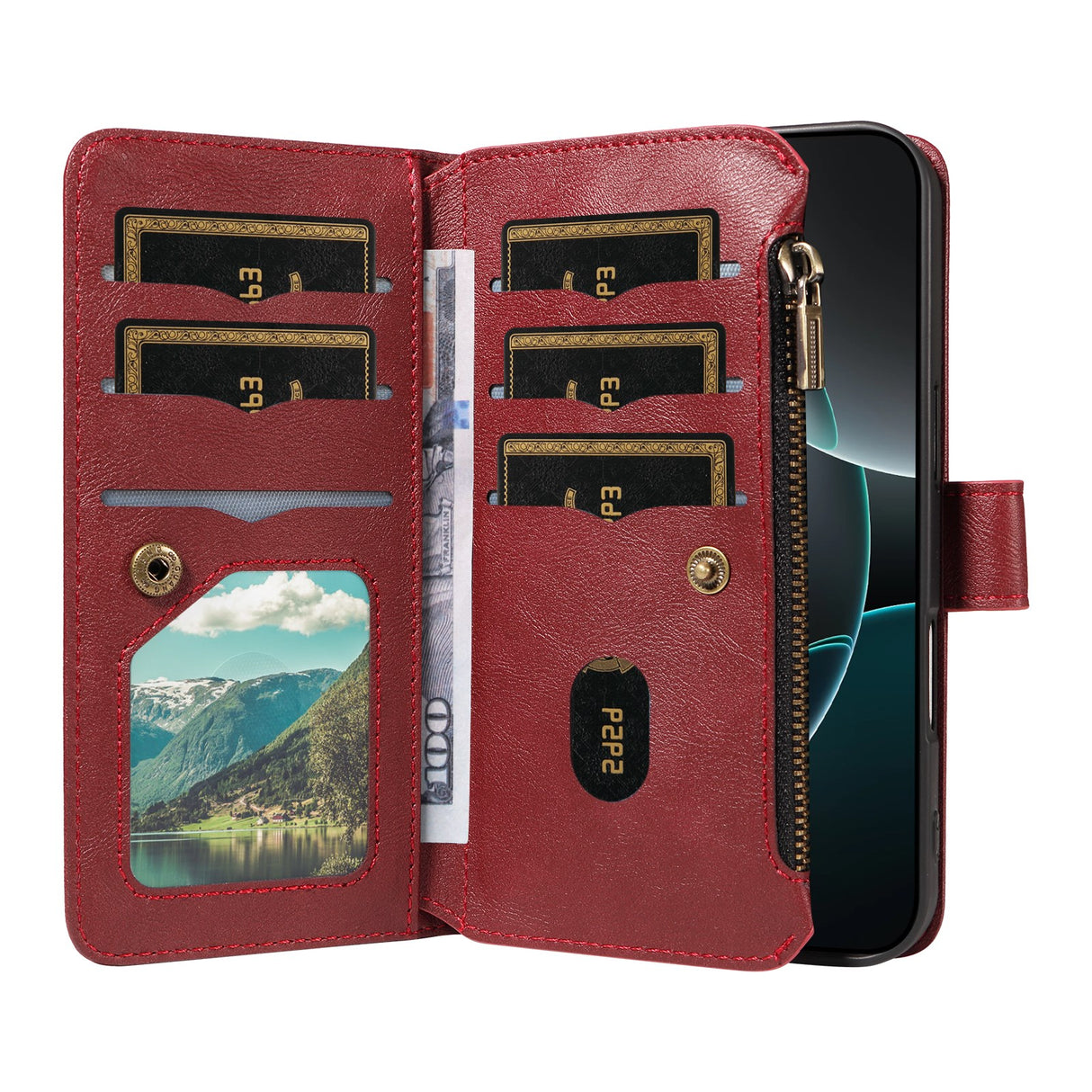 iPhone 17e / 16e EIDERWOOD Flip Case with 9 x Card Holder - Zipper Pocket - RFDI Blocking - Strap - Red