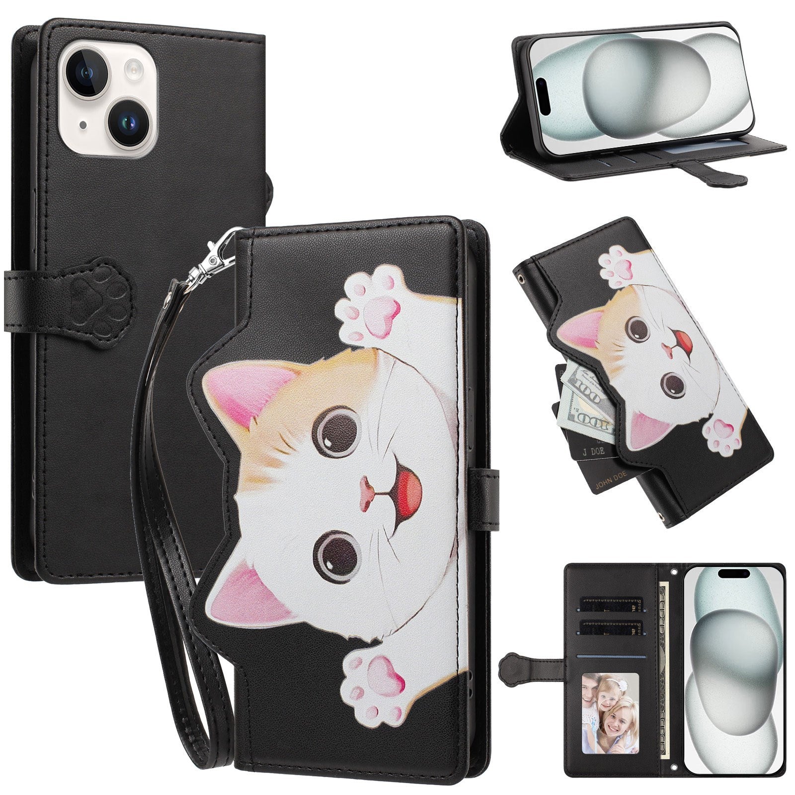 iPhone 14 / 13 Flipcase with 3D Cat Ears - Card Holder & Stand Function - Black
