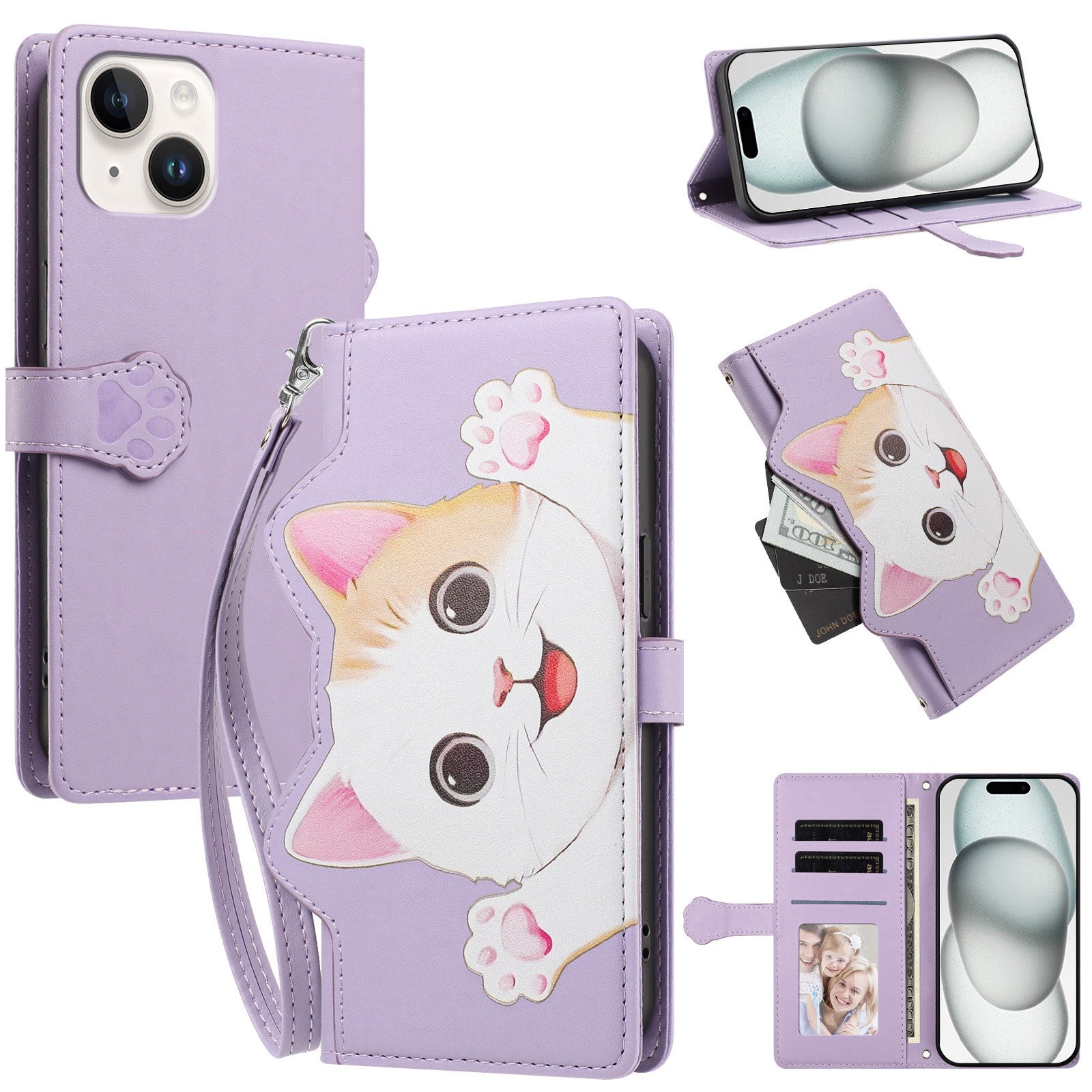 iPhone 14 / 13 Flipcase with 3D Cat Ears - Card Holder & Stand Function - Purple