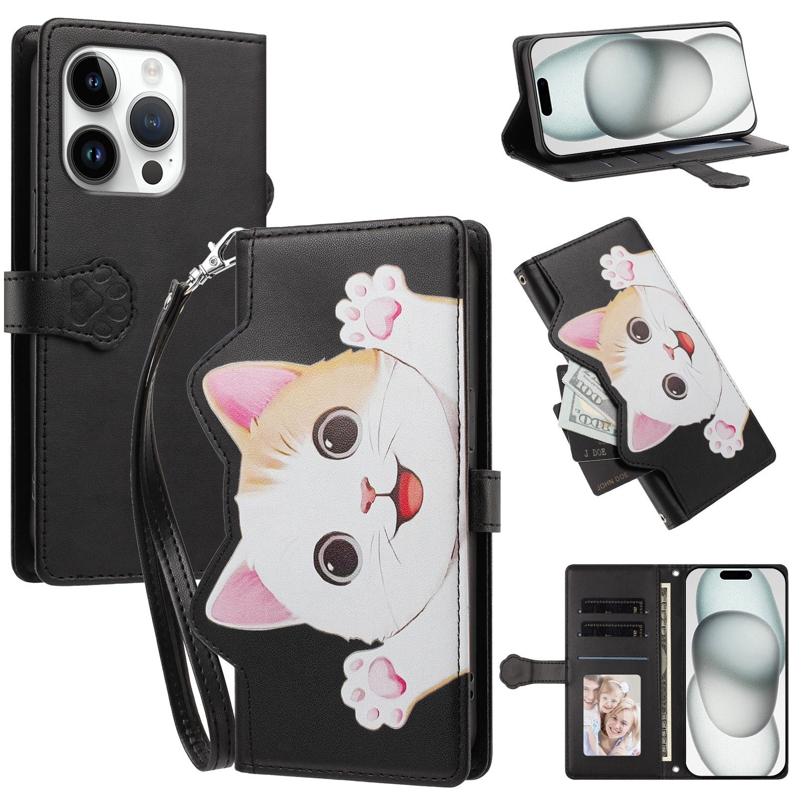 iPhone 16 Pro Flipcase with 3D Cat Ears - Card Holder & Stand Function - Black