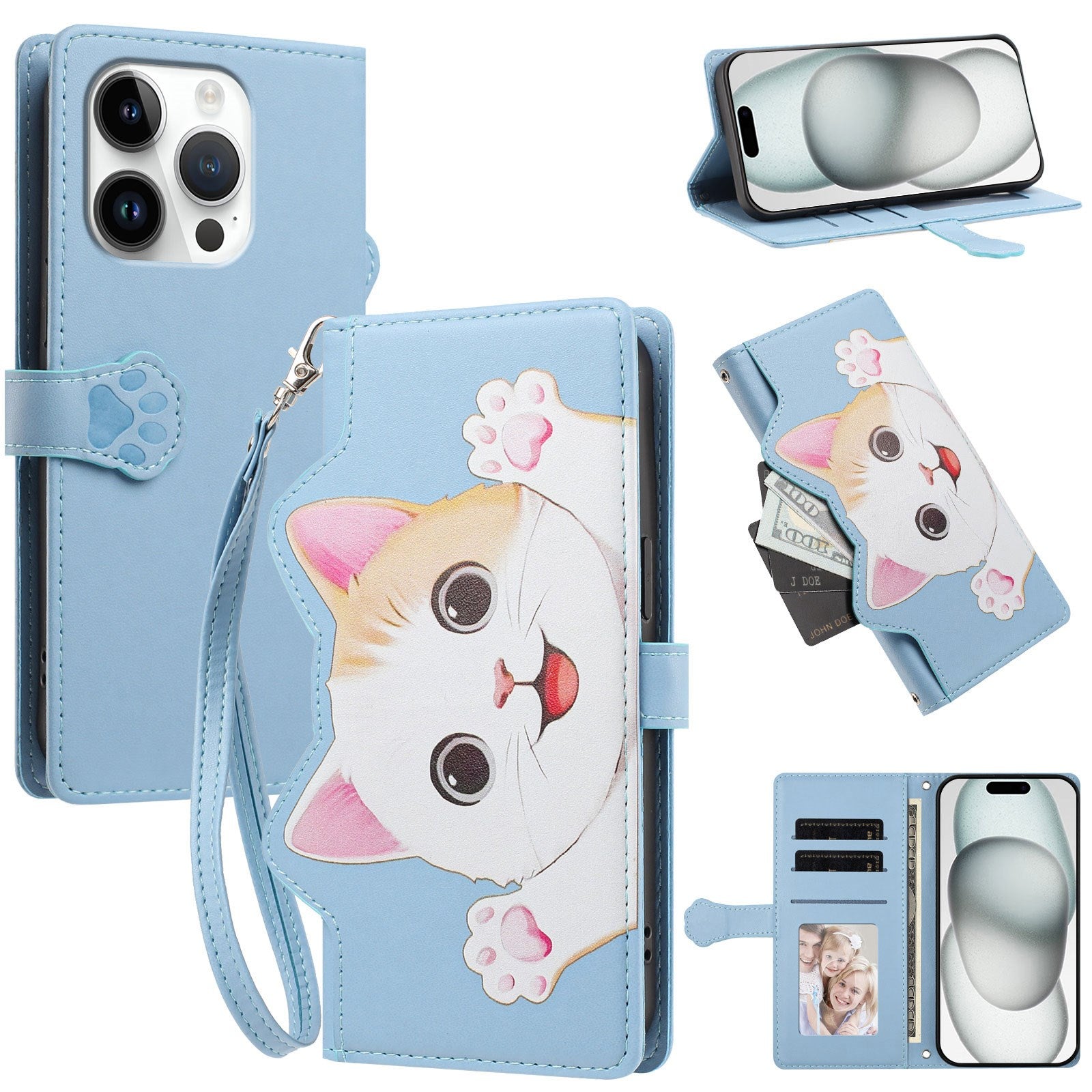 iPhone 16 Pro Flipcase with 3D Cat Ears - Card Holder & Stand Function - Blue