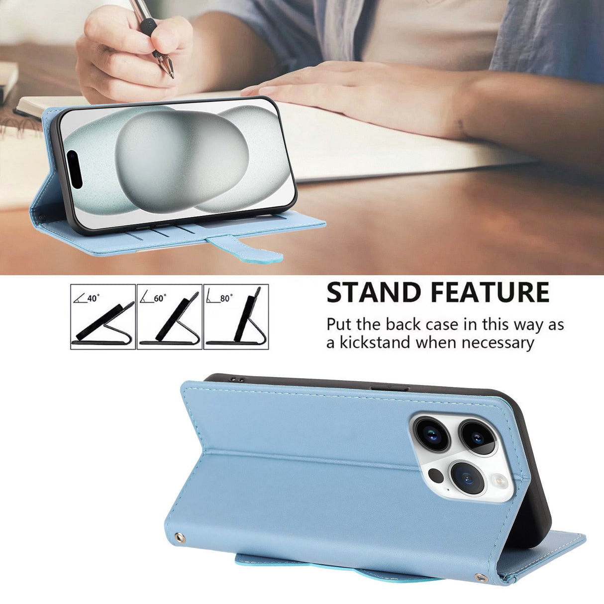 iPhone 16 Pro Flipcase with 3D Cat Ears - Card Holder & Stand Function - Blue