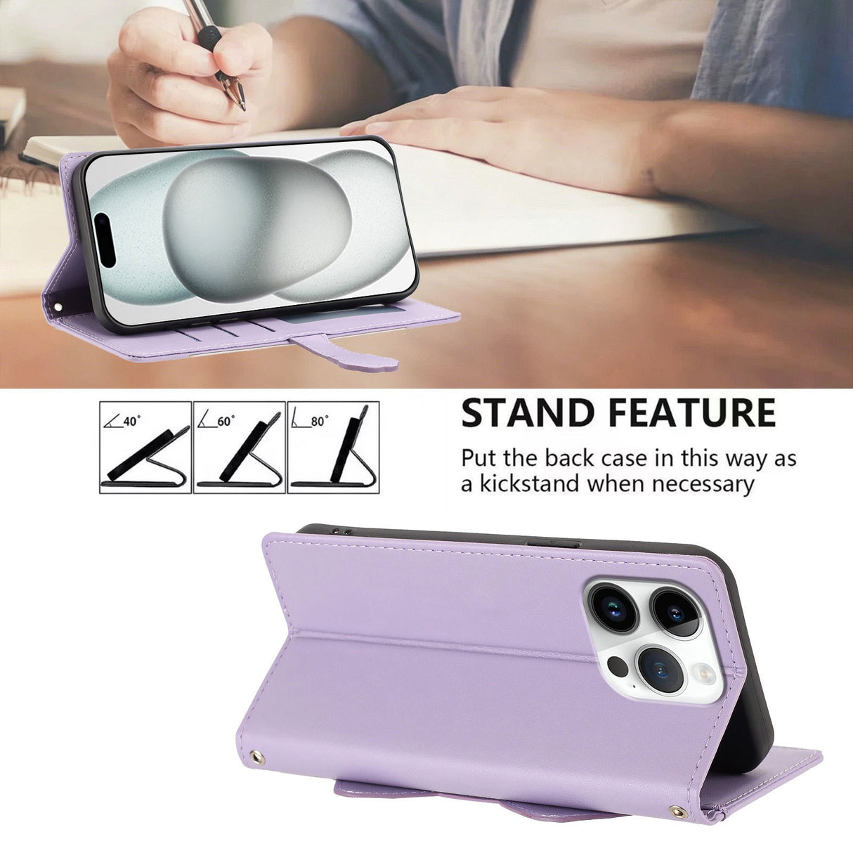 iPhone 16 Pro Flipcase with 3D Cat Ears - Card Holder & Stand Function - Purple