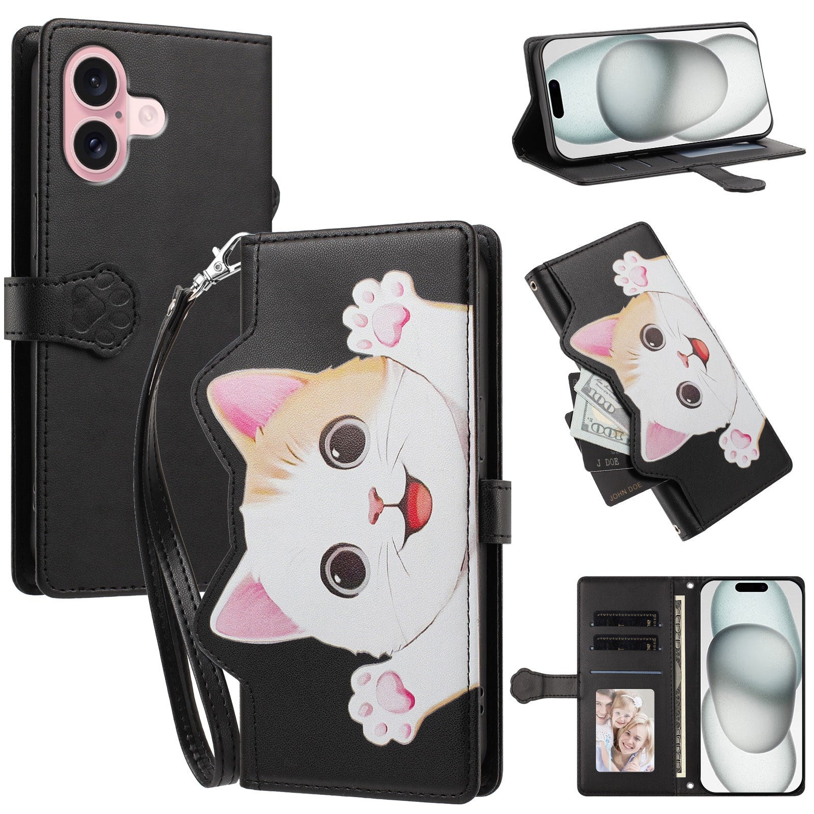 iPhone 16 Flipcase with 3D Cat Ears - Card Holder & Stand Function - Black