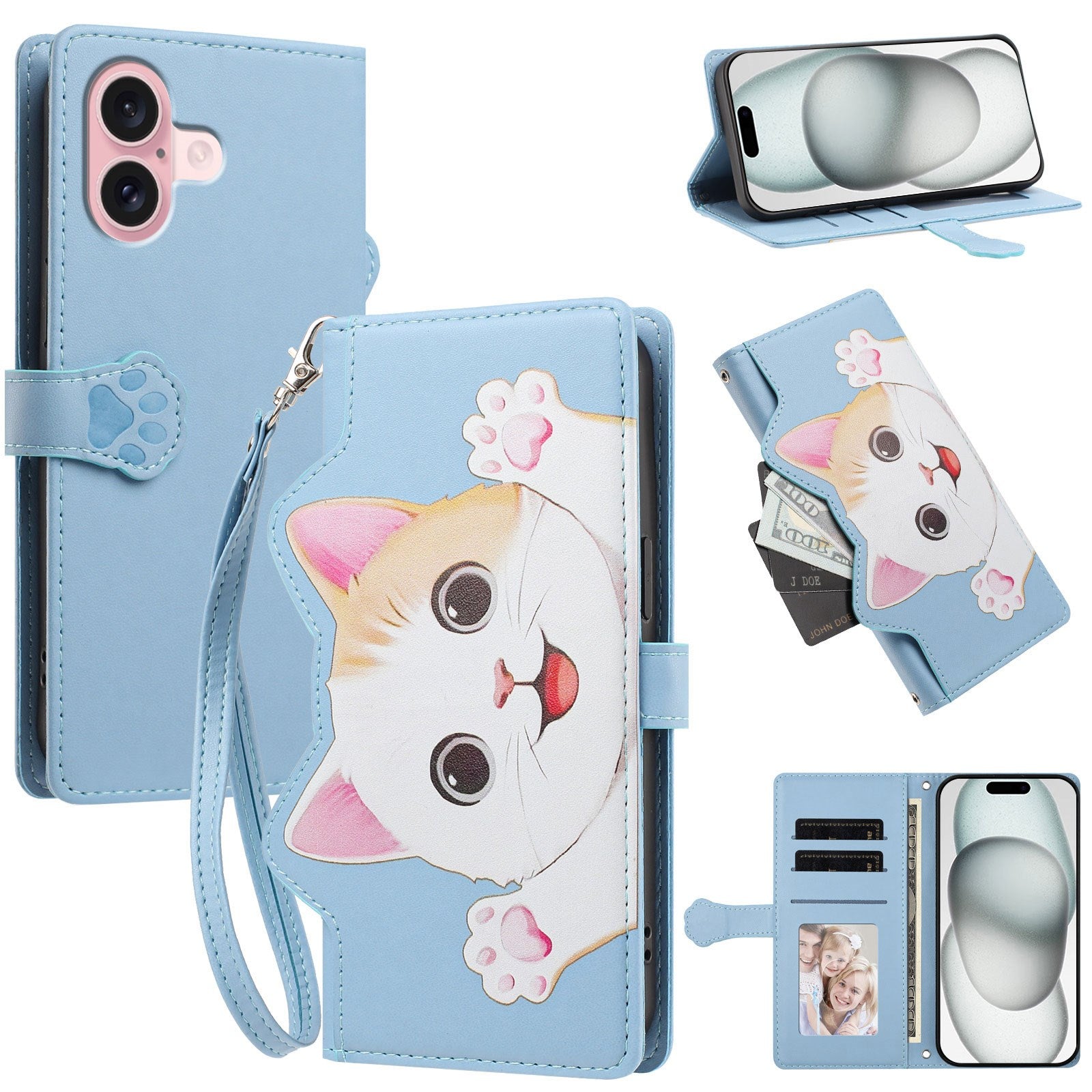 iPhone 16 Flipcase with 3D Cat Ears - Card Holder & Stand Function - Blue