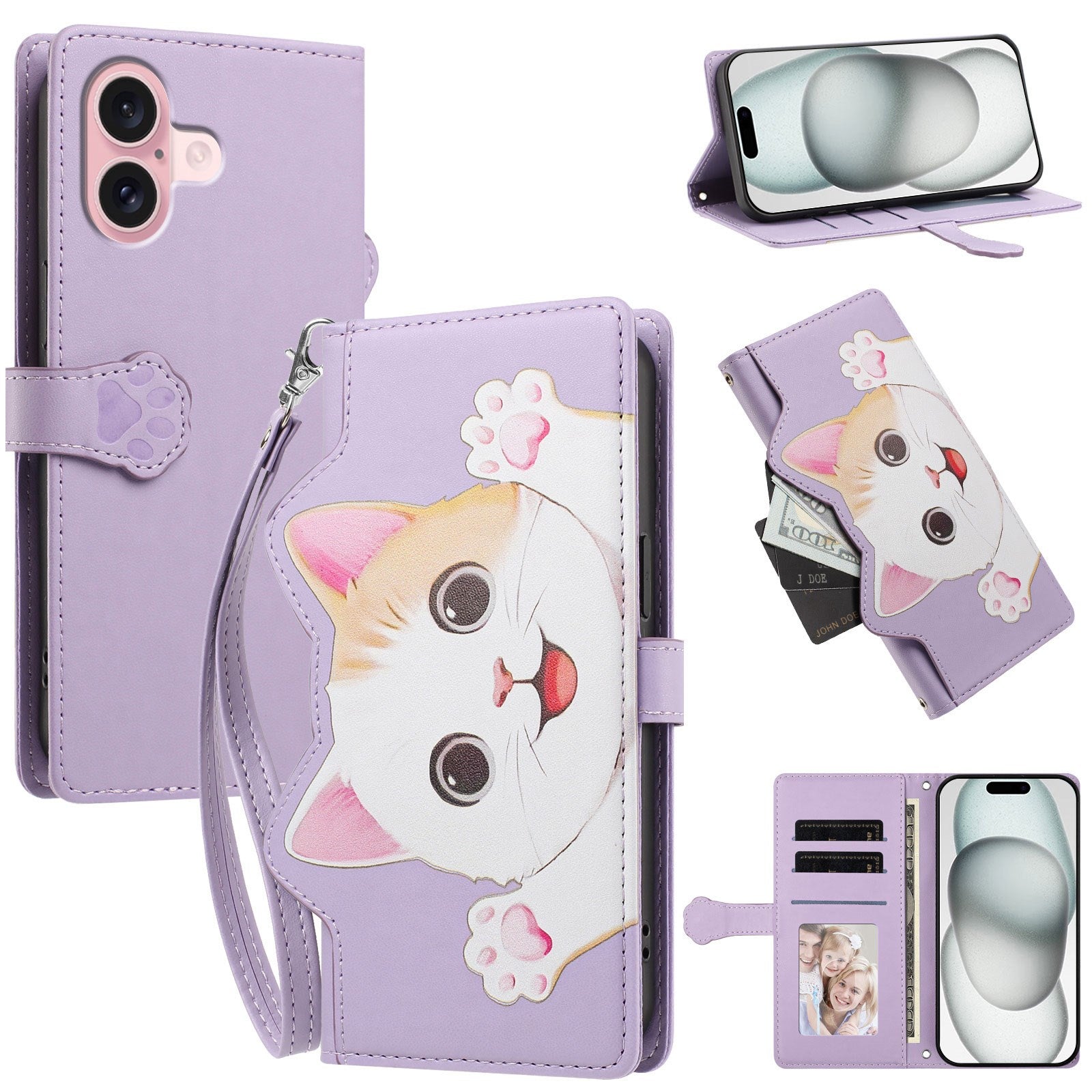 iPhone 16 Flipcase with 3D Cat Ears - Card Holder & Stand Function - Purple