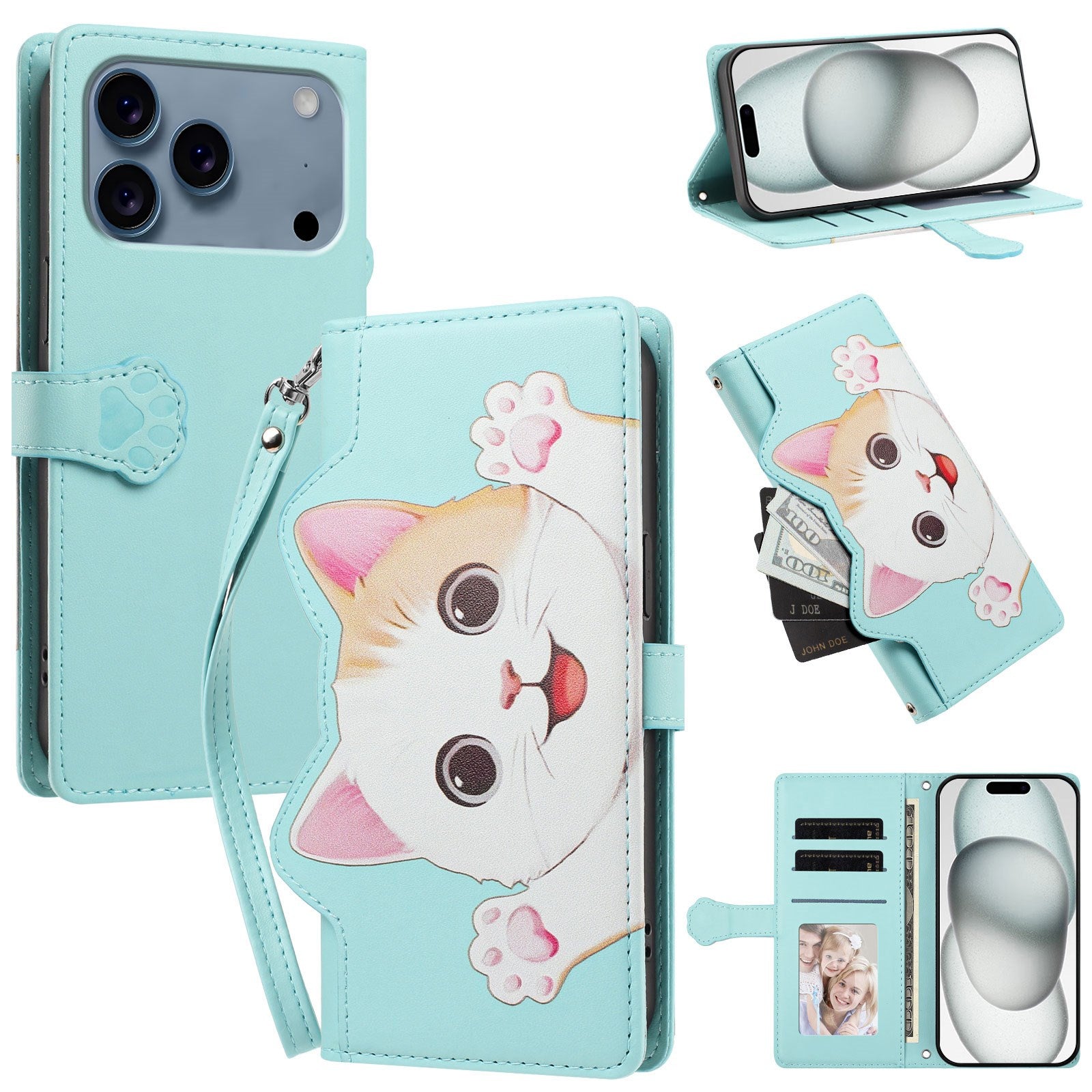 iPhone 18 Pro Max / 17 Pro Max Flipcase with 3D Cat Ears - Card Holder & Stand Function - Turquoise