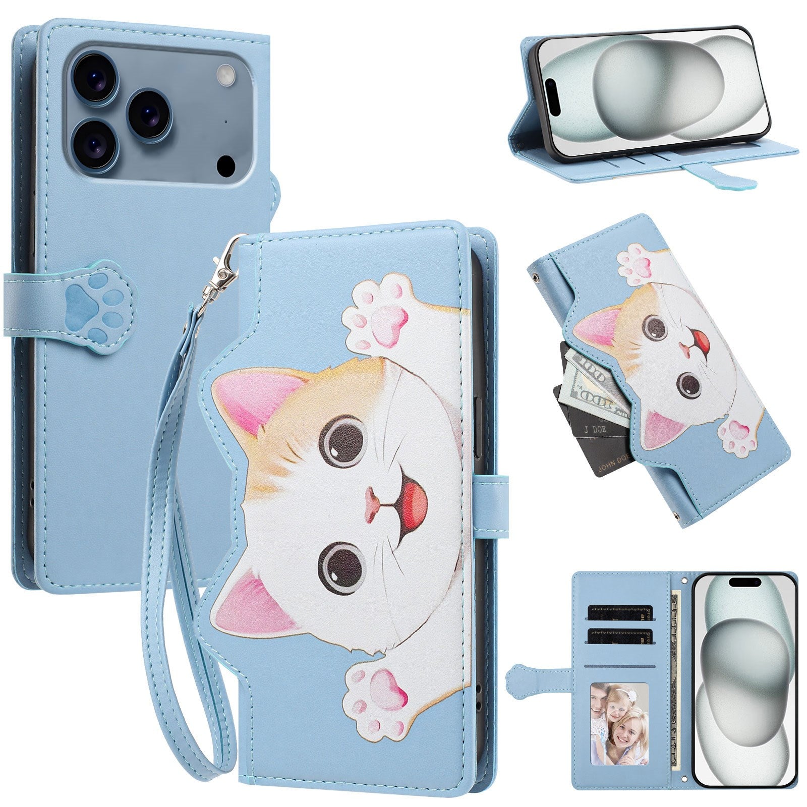 iPhone 18 Pro / 17 Pro Flipcase with 3D Cat Ears - Card Holder & Stand Function - Blue