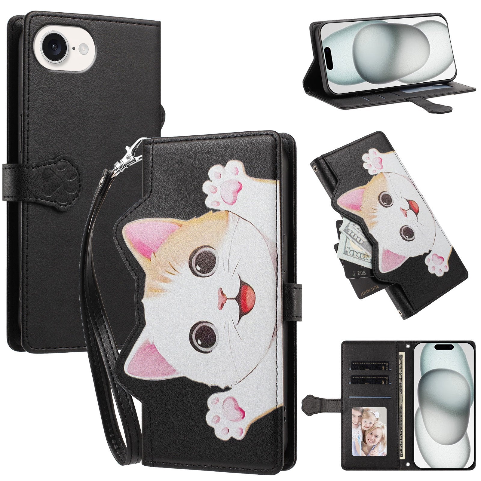 iPhone 17e / 16e Flipcase with 3D Cat Ears - Card Holder & Stand Function - Black