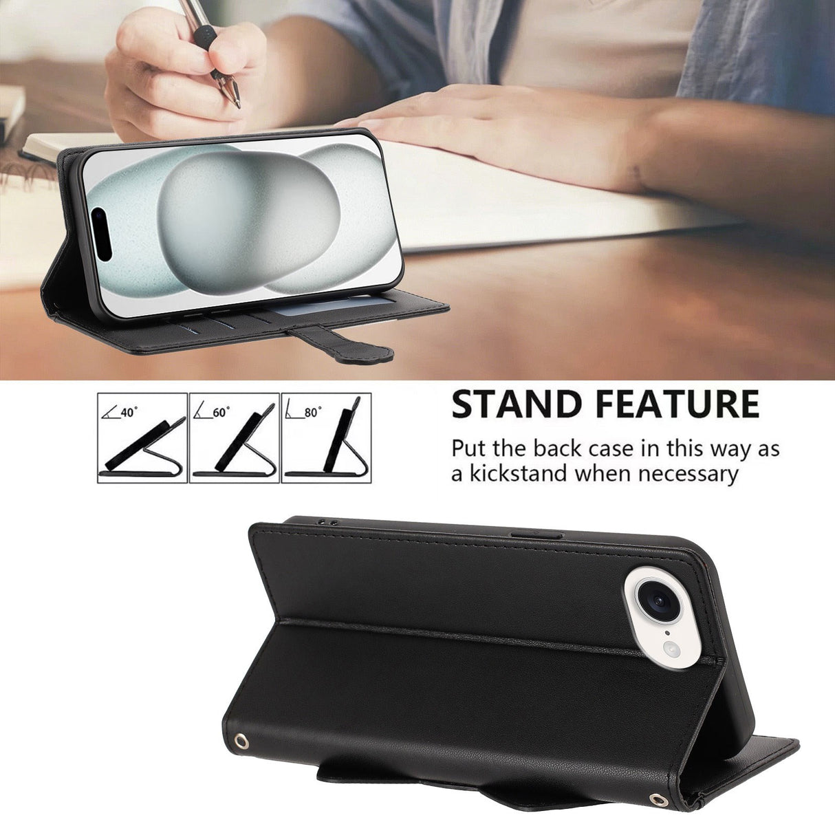 iPhone 17e / 16e Flipcase with 3D Cat Ears - Card Holder & Stand Function - Black