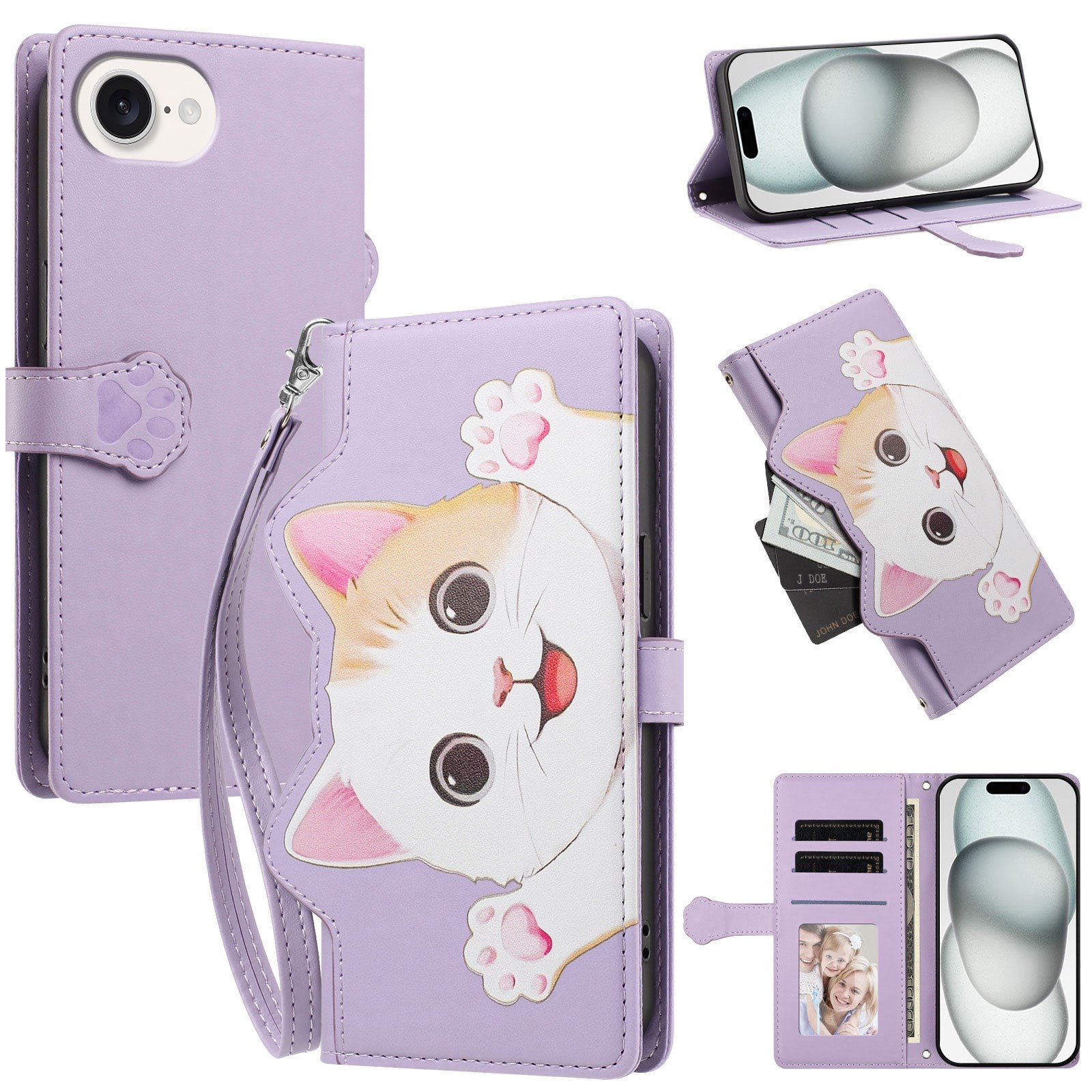iPhone 17e / 16e Flipcase with 3D Cat Ears - Card Holder & Stand Function - Purple