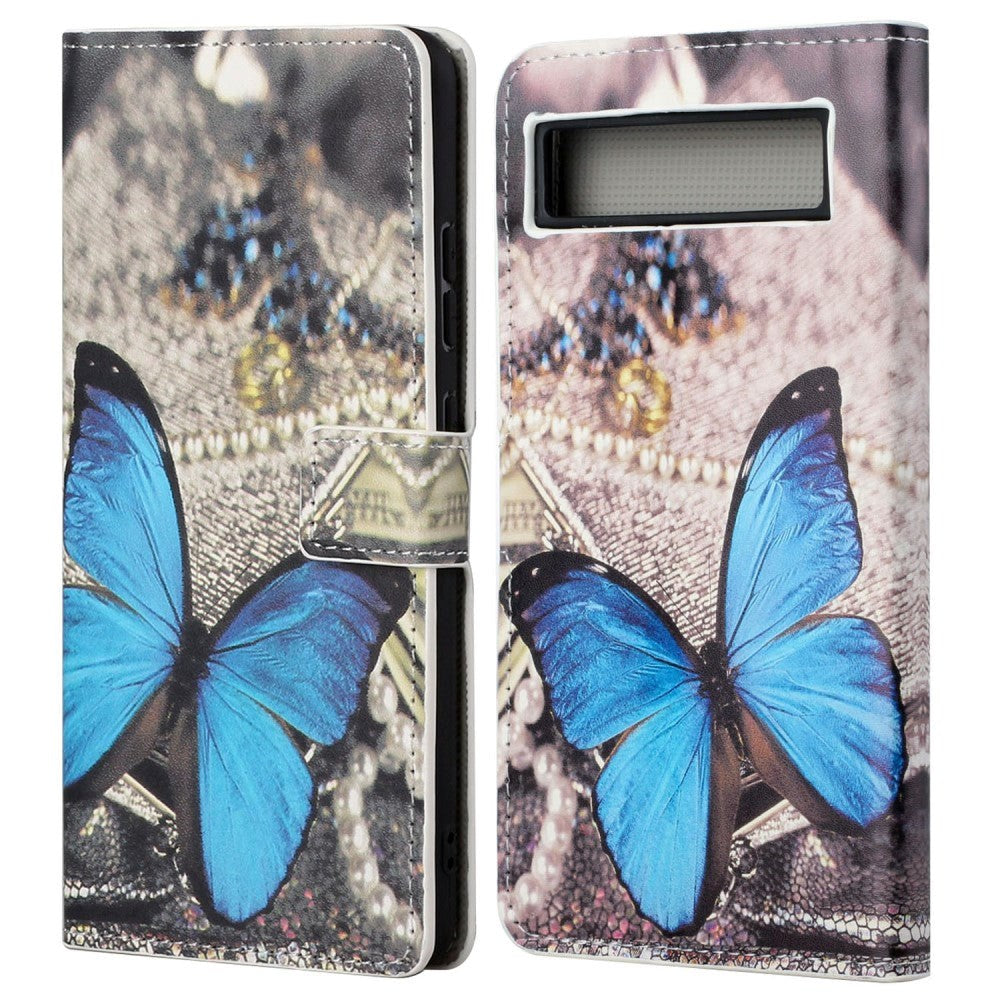 Google Pixel 7A Leather Case w. Wallet & Stand Function - Blue Butterfly