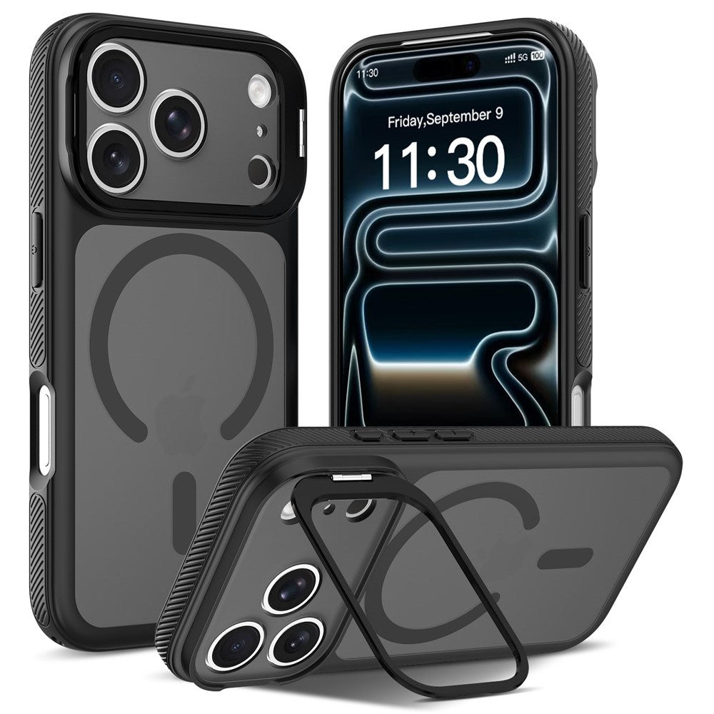 iPhone 18 Pro Max / 17 Pro Max Hybrid Plastic Case w. Shock-Absorbing Edges & Kickstand - MagSafe Compatible - Black