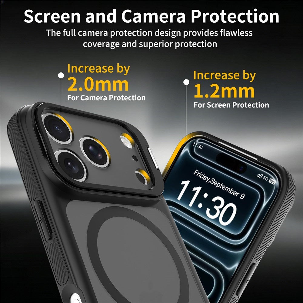 iPhone 18 Pro Max / 17 Pro Max Hybrid Plastic Case w. Shock-Absorbing Edges & Kickstand - MagSafe Compatible - Black