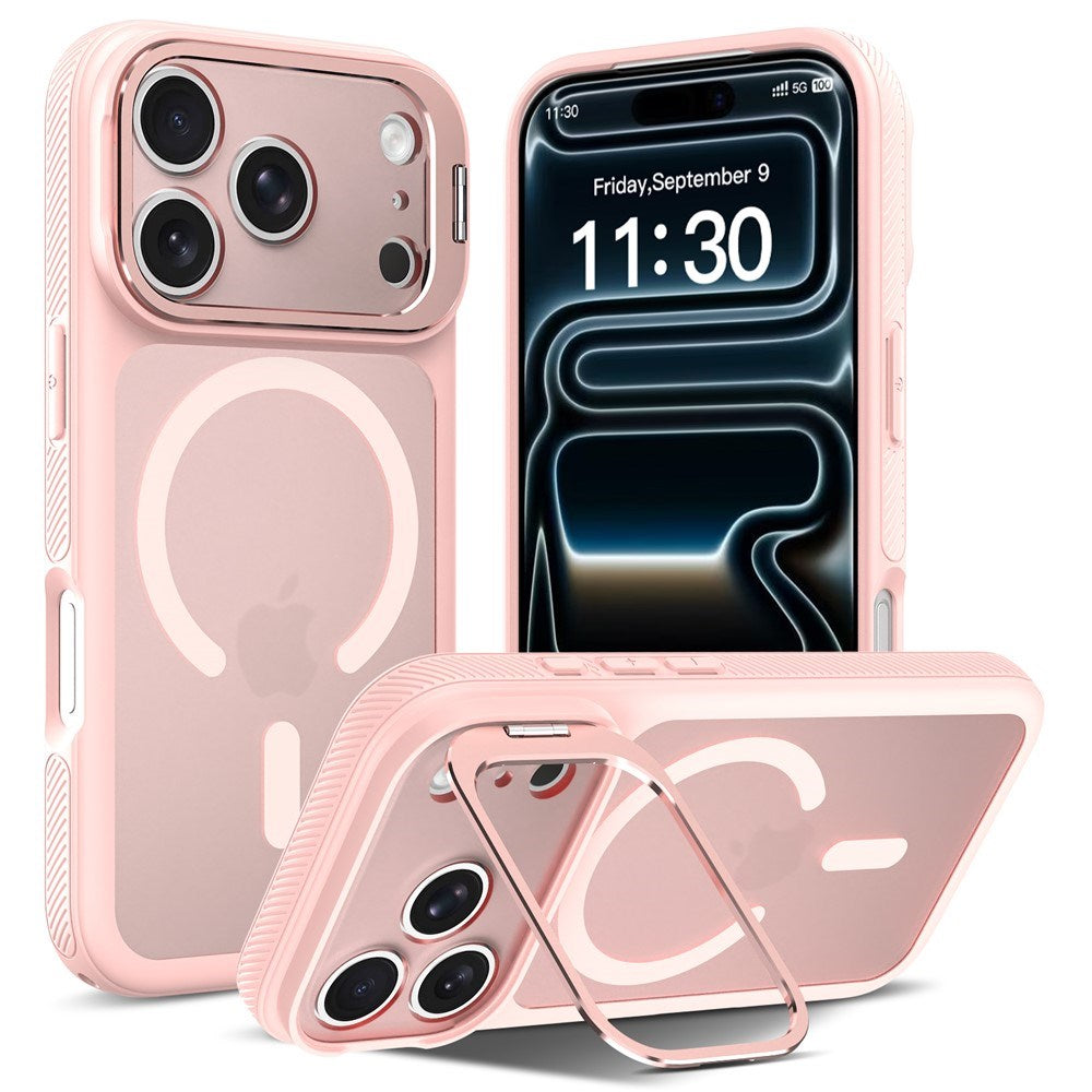 iPhone 18 Pro Max / 17 Pro Max Hybrid Plastic Case w. Shock-Absorbing Edges & Kickstand - MagSafe Compatible - Pink