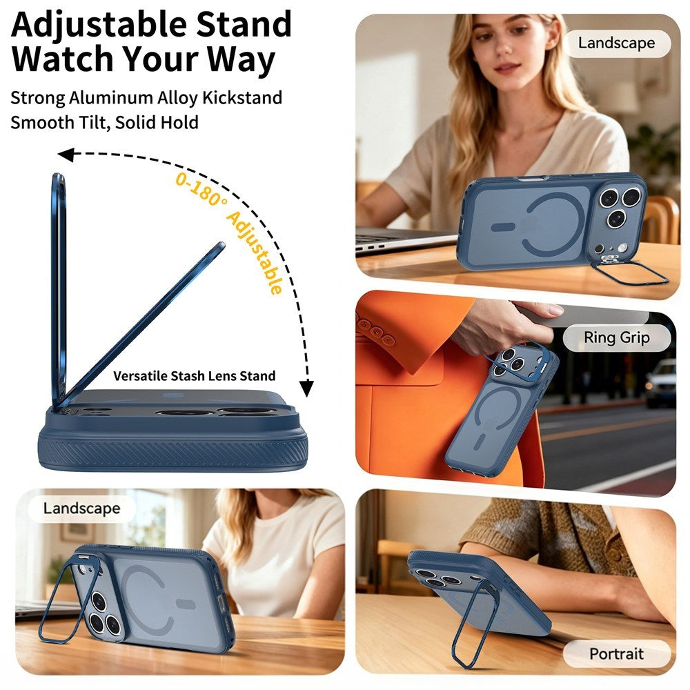 iPhone 18 Pro Max / 17 Pro Max Hybrid Plastic Case w. Shock-Absorbing Edges & Kickstand - MagSafe Compatible - Blue